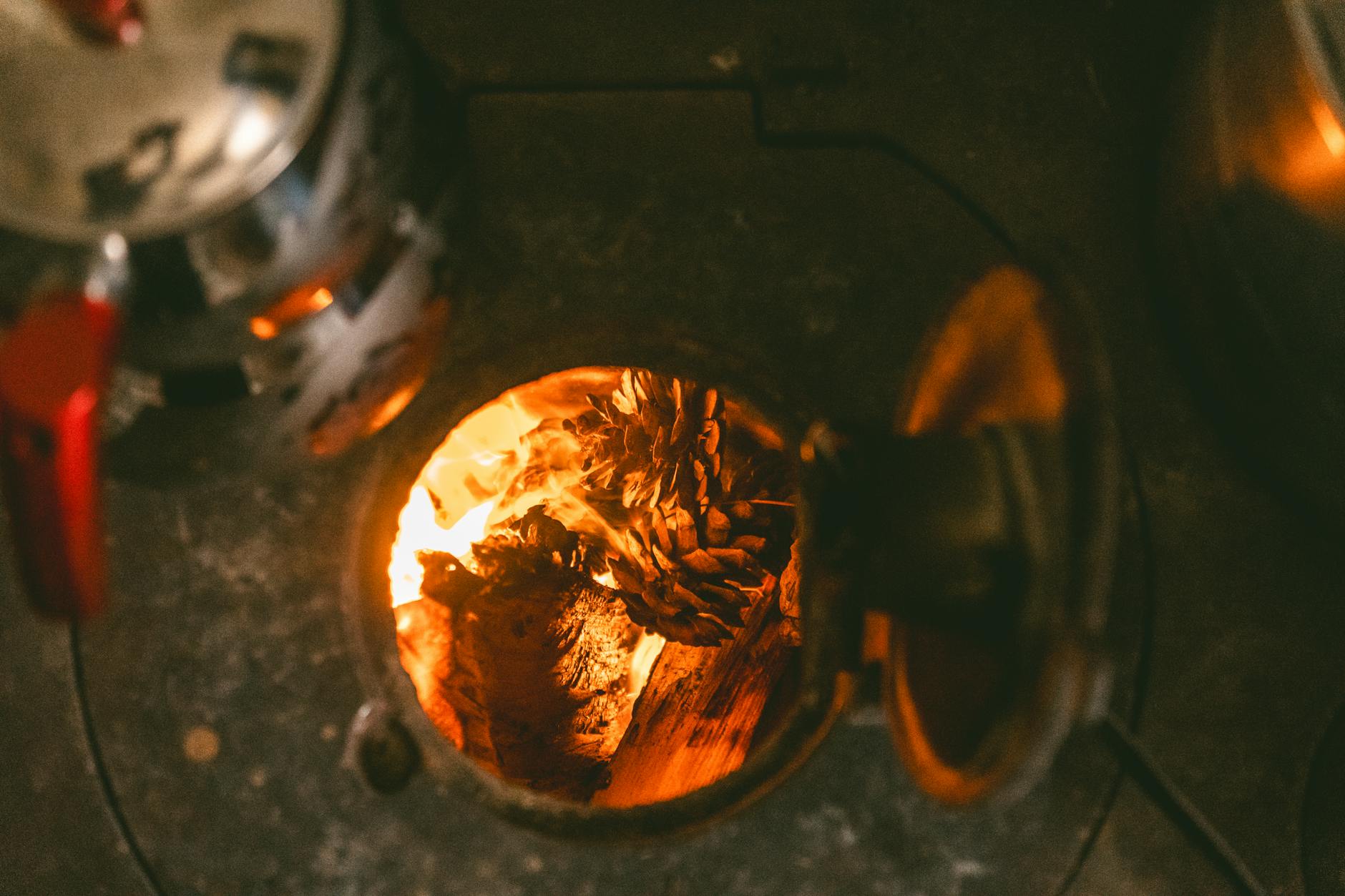 Płonące szyszki w przytulnym kominku wolnostojącym